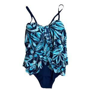 Lands End Swimsuit Mesh Deep Sea Floral High Leg‎ One Piece Navy Teal Floral 12